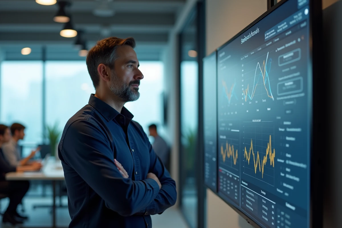 Professionnel analysant les résultats d'un scan Epsilon sur un grand écran de bureau dans un open space
