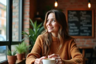 Femme souriante savourant un café en terrasse, illustrant une journée agréable bien profitée