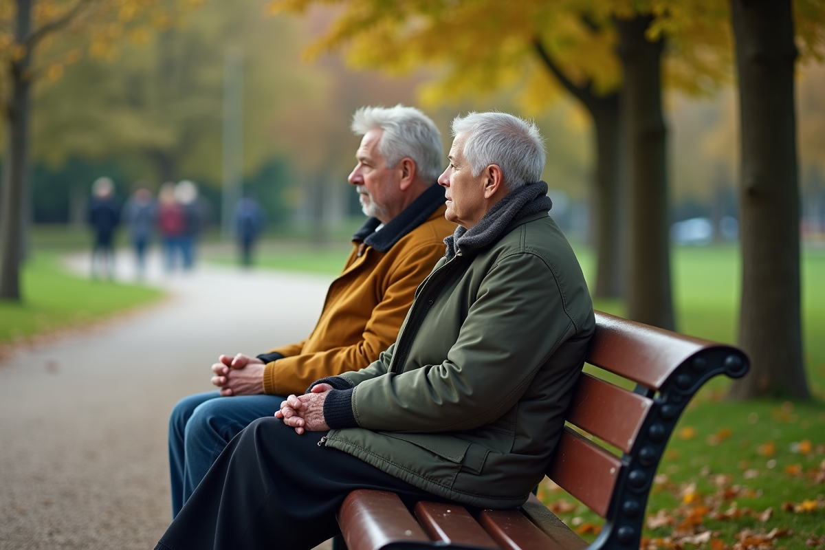 Senior et jeune femme assis sur un banc dans un parc