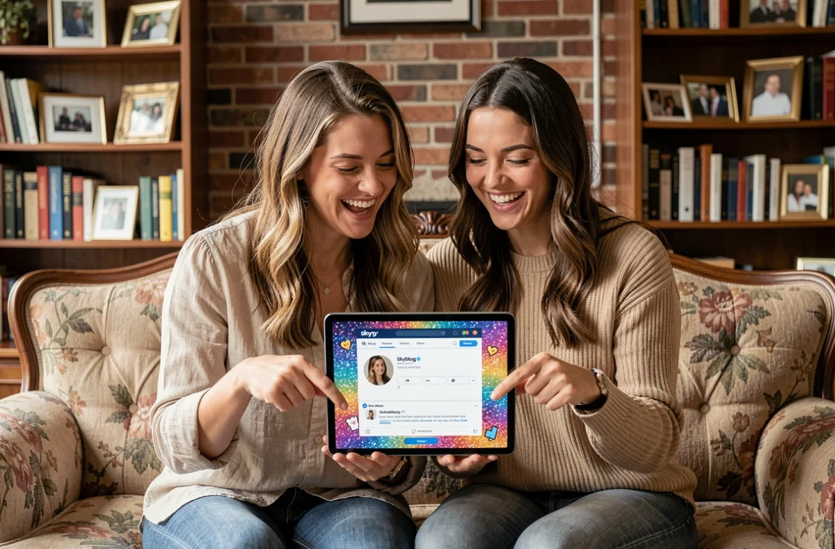 Deux femmes redécouvrant ensemble un ancien profil Skyblog sur tablette dans un salon chaleureux, partageant un moment de nostalgie complice