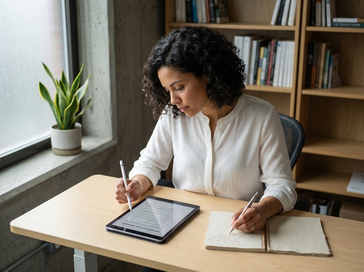 Responsable sécurité informatique analysant une checklist de sélection de fournisseurs sur tablette
