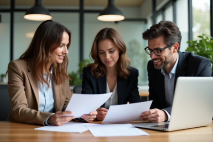 Trois adultes en réunion d'assurance mutuelle au bureau