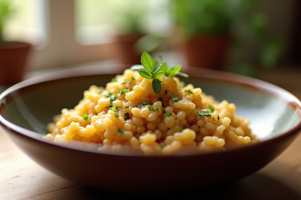 Risotto aux chanterelles servi dans un bol en céramique avec herbes fraîches