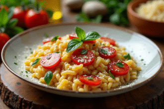 Risotto gourmet avec chorizo et parmesan sur table en bois