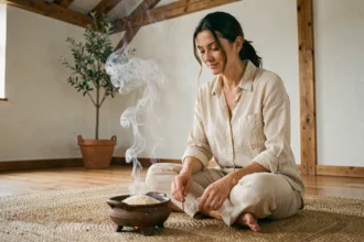 Femme pratiquant une rituel de bien-être avec de l'encens louban dans un intérieur minimaliste en bois
