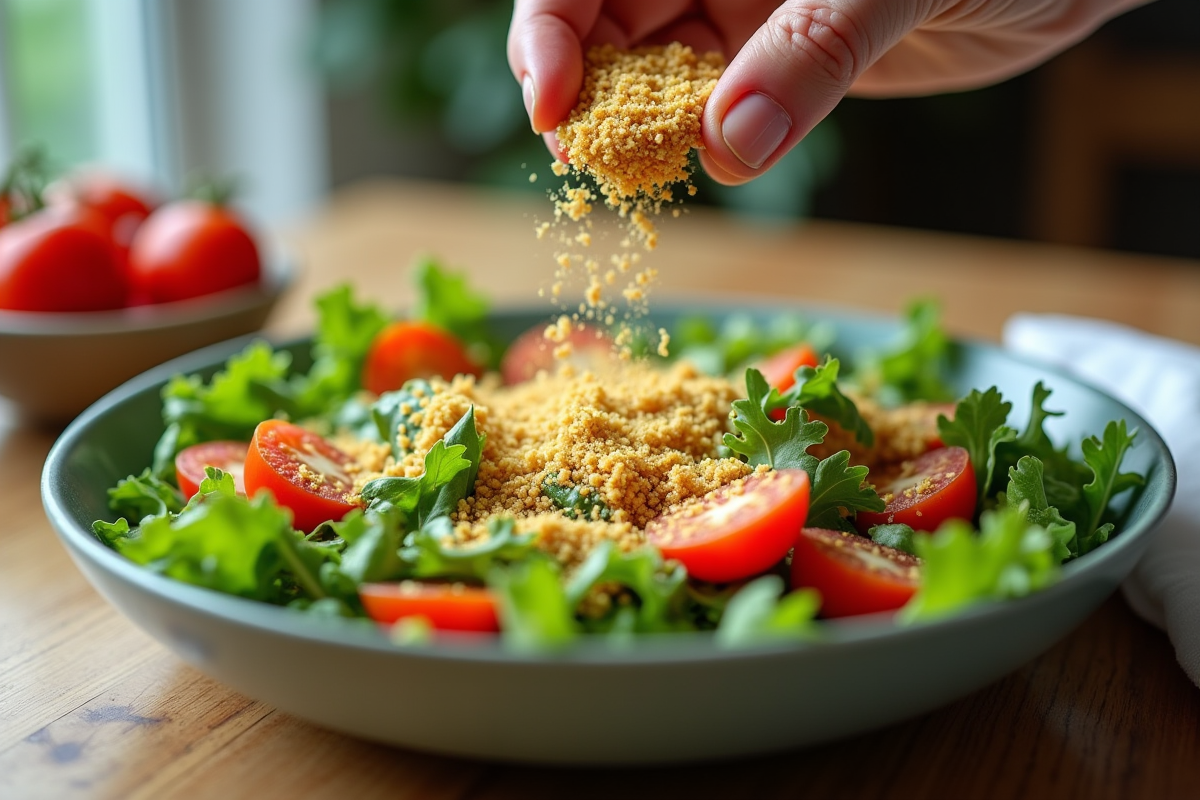 Mains saupoudrant de la levure de bière sur une salade verte