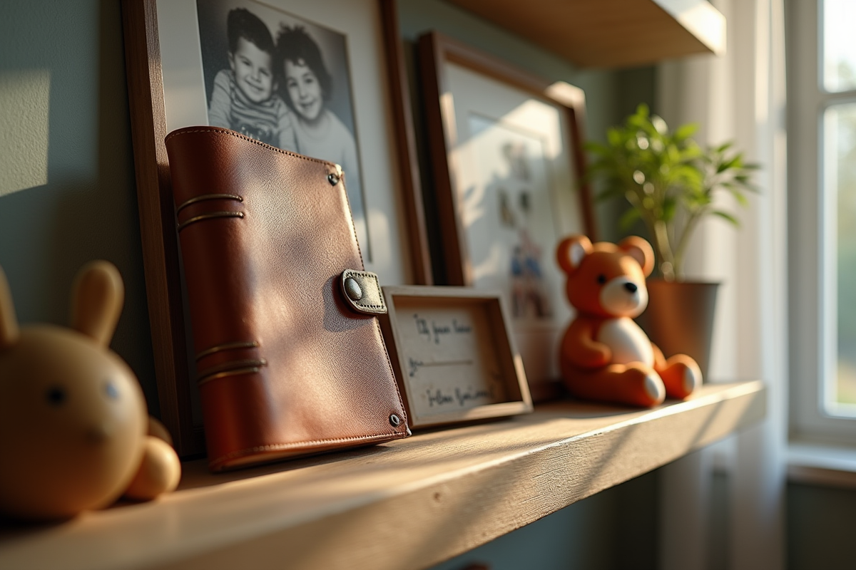 Étagère de salon avec souvenirs de famille et jouets d