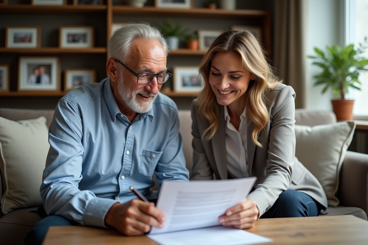 Homme et jeune femme souriant en examinant un testament à la maison