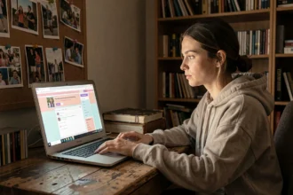 Femme nostalgique devant un vieux blog des années 2000 sur un ordinateur portable, entourée de souvenirs de jeunesse dans un bureau intimiste