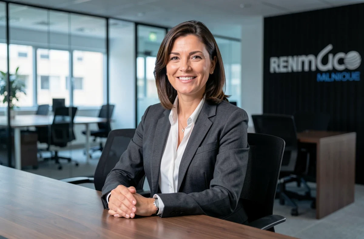 Femme d'affaires en blazer charbon photographiée en portrait corporate dans un bureau moderne de Rennes, illustrant le travail du Studio Loaëc photographe corporate