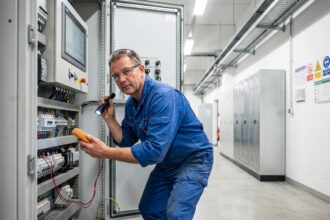 Technicien en bleu inspectant un panneau industriel moderne