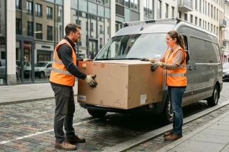 Deux livreurs collaboratifs chargeant un gros colis dans un van de livraison partagée en milieu urbain