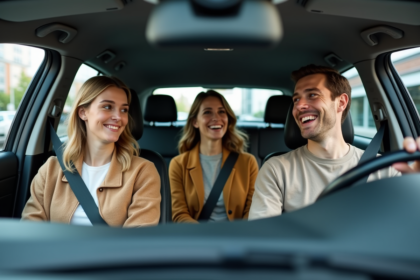 Trois adultes souriants dans une voiture moderne en balade