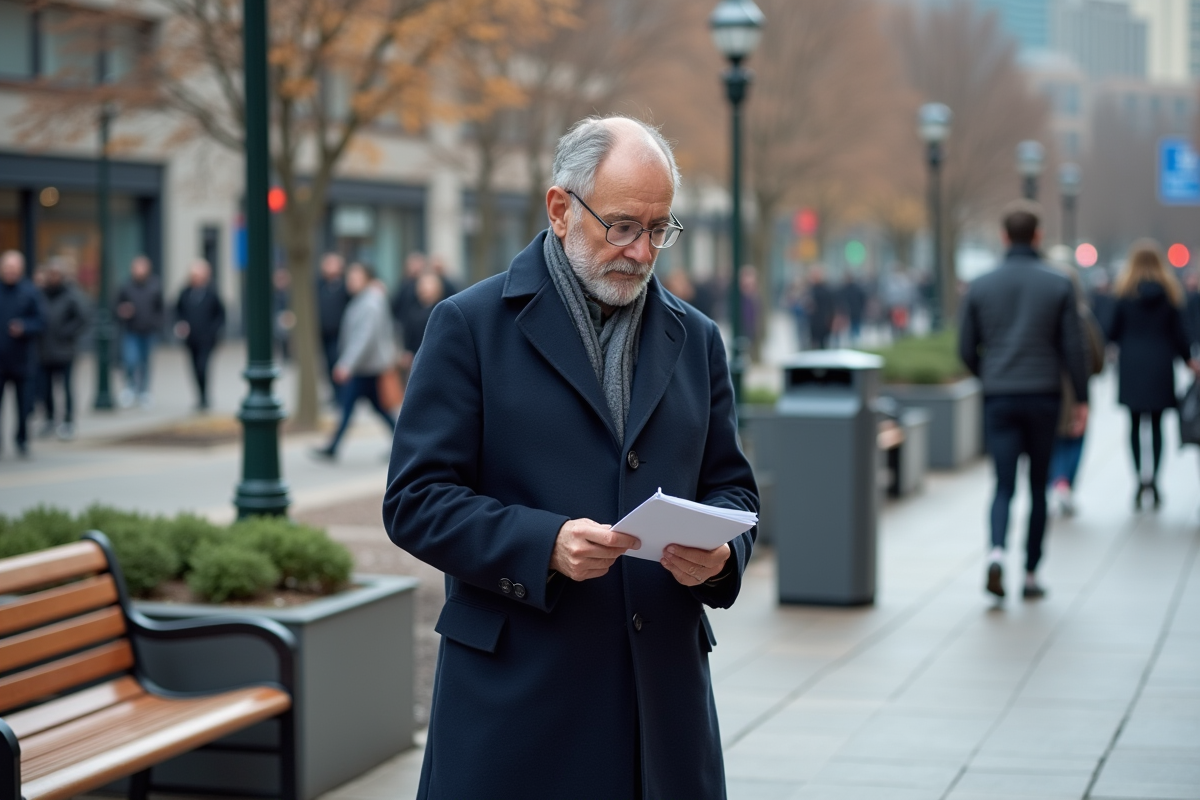 Urbaniste en ville examinant un plan près de bancs publics
