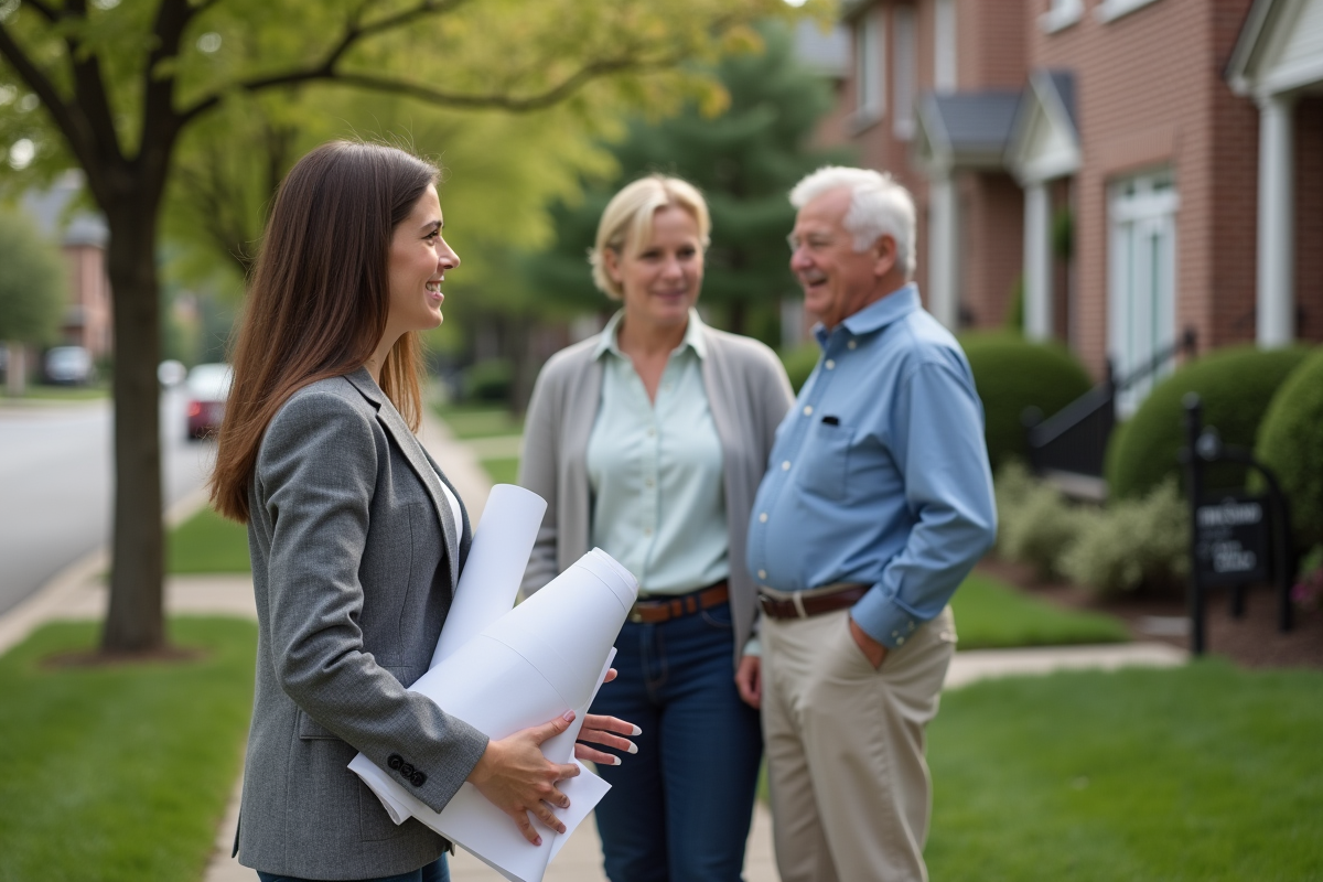 Jeune urbaniste discutant avec un couple dans la rue