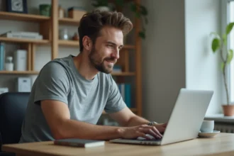 Homme consultant les paramètres de sécurité de Gadrov sur un ordinateur portable dans un bureau à domicile