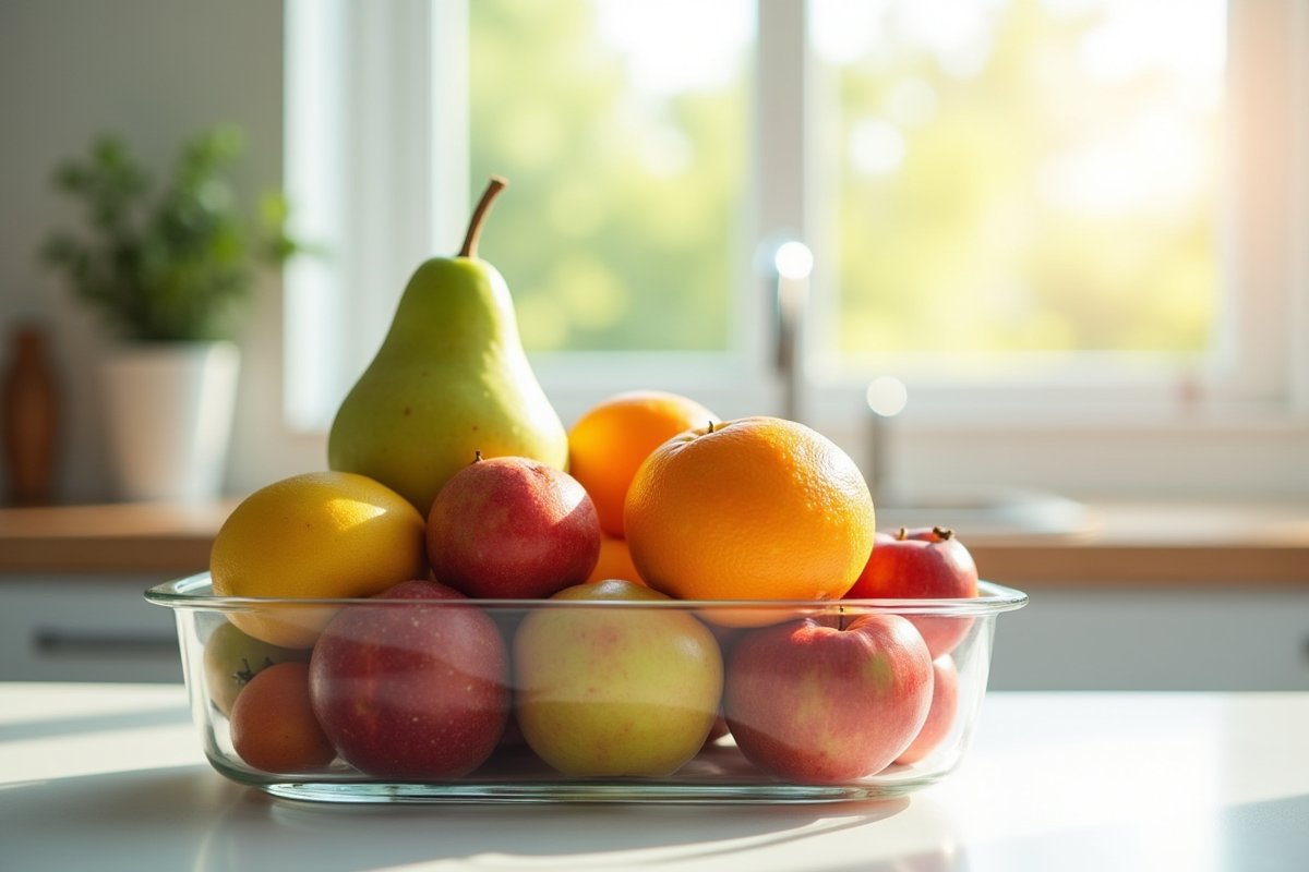 Assortiment de fruits frais colorés sur un comptoir lumineux