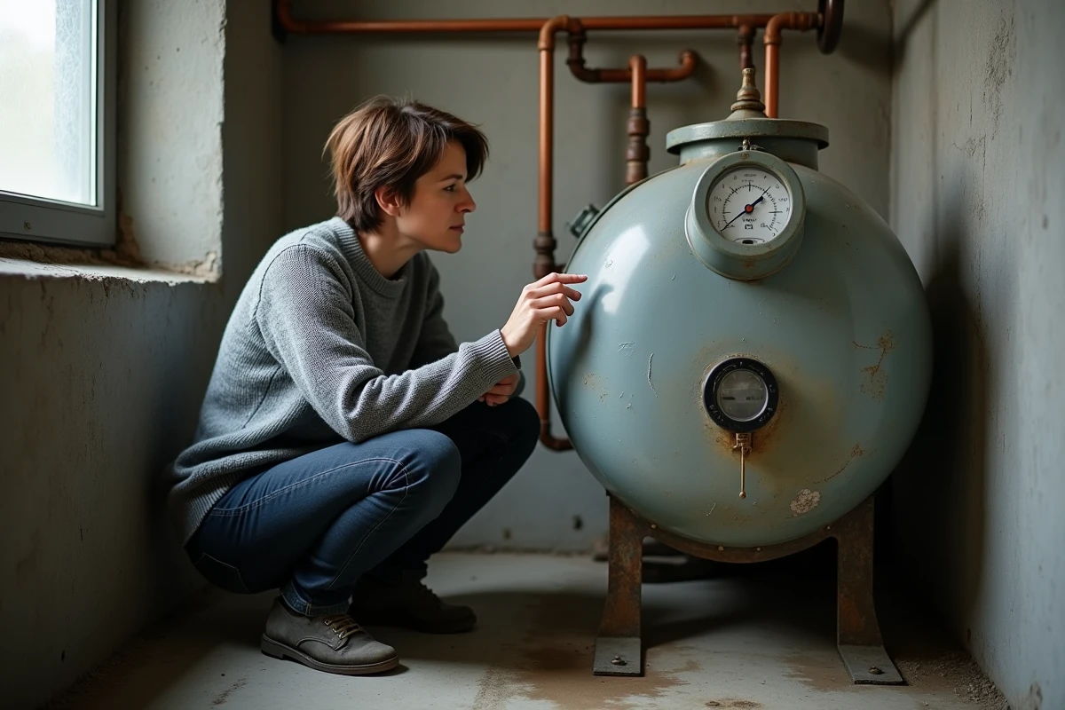 Femme vérifiant la jauge d'une cuve de fioul domestique dans la chaufferie d'une maison rurale