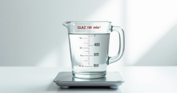 Verre mesureur avec 400 ml d'eau sur une balance de cuisine