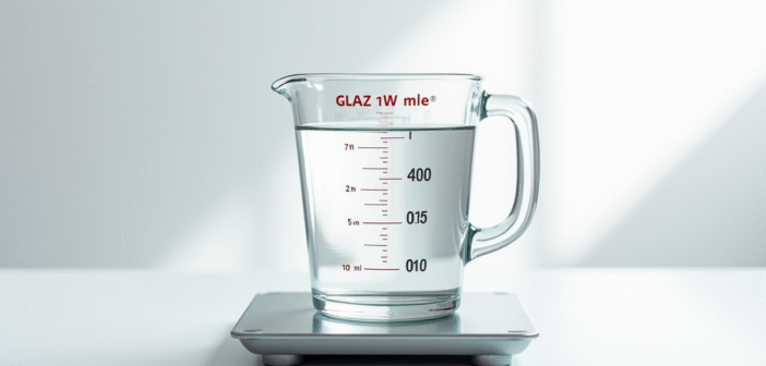 Verre mesureur avec 400 ml d'eau sur une balance de cuisine