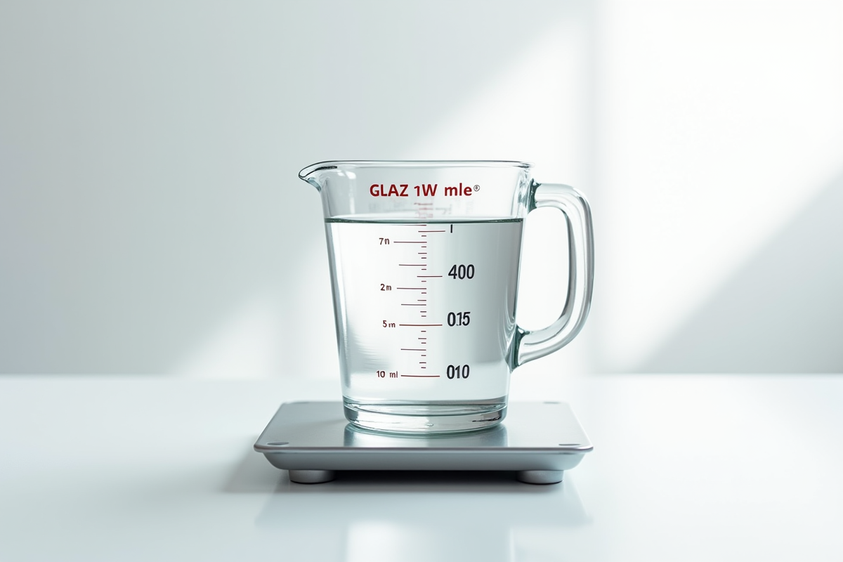 Verre mesureur avec 400 ml d'eau sur une balance de cuisine